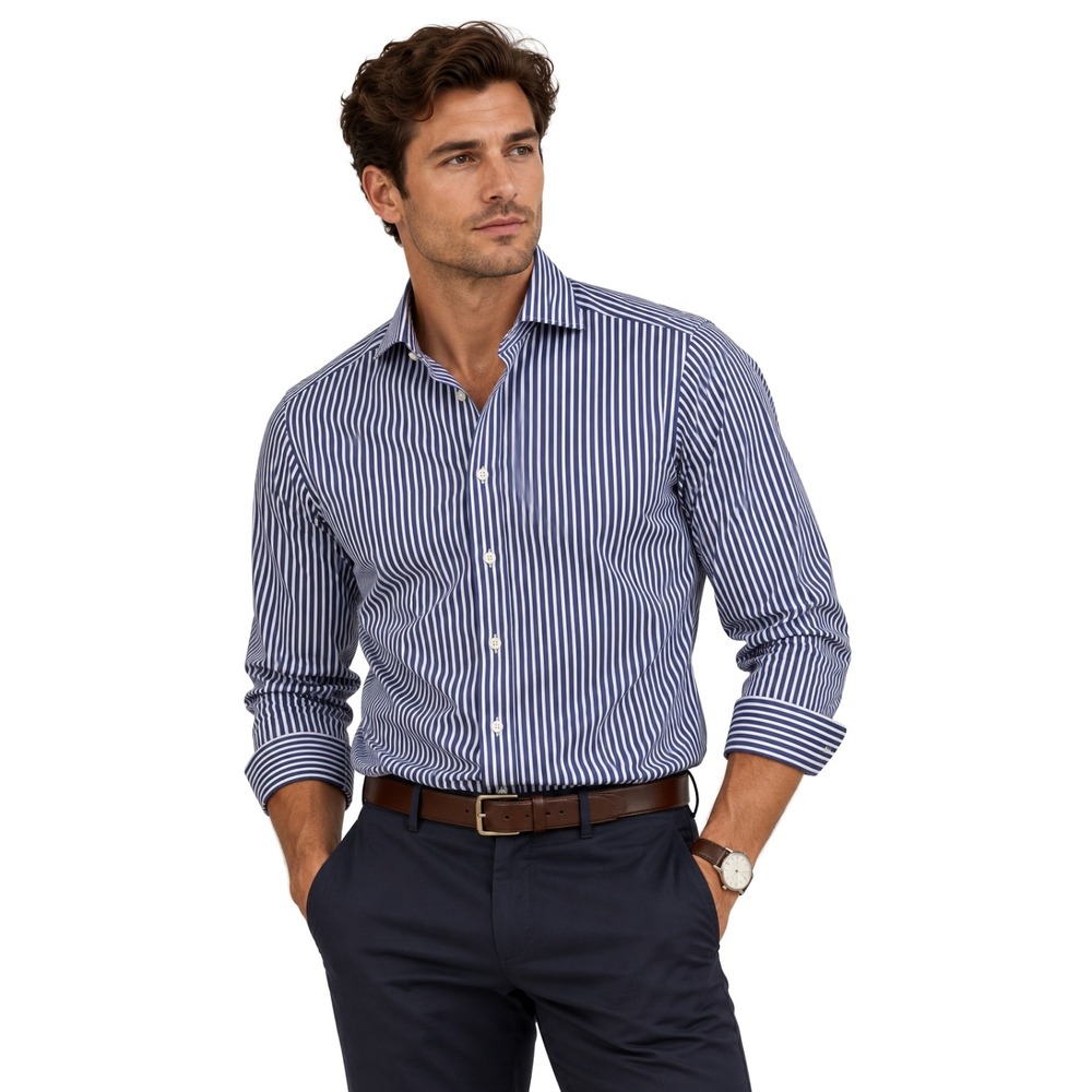 Eton Slim Fit Dress Shirt Mens 17 43 Navy Blue White Striped Long Sleeve Cotton